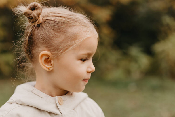 portrait of a little cute girl walking in the autumn park - Zdjęcie, obraz
