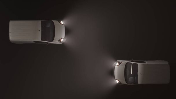 İki Beyaz Mini Minibüsün Üst Görünümü Karanlık 3 Boyutta Karşıt Yönlerde Hareket Ediyor - Fotoğraf, Görsel