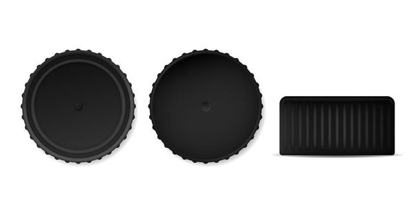 Black bottle caps mockup template. Serrated metal and plastic caps for closing containers - Vector, afbeelding