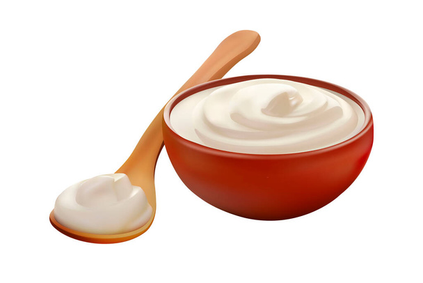 Sour cream in a bowl next to a wooden spoon. 3D vector graphics - Vector, Image
