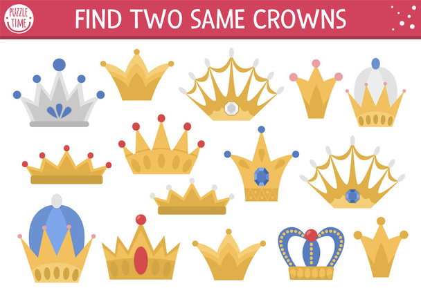 Etsi kaksi samaa kruunua. Satujen yhteensovitustoiminta lapsille. Magic Kingdom koulutus tietokilpailu laskentataulukko lapsille huomiota taitoja. Yksinkertainen tulostettava peli söpö kuningas jewelr - Vektori, kuva