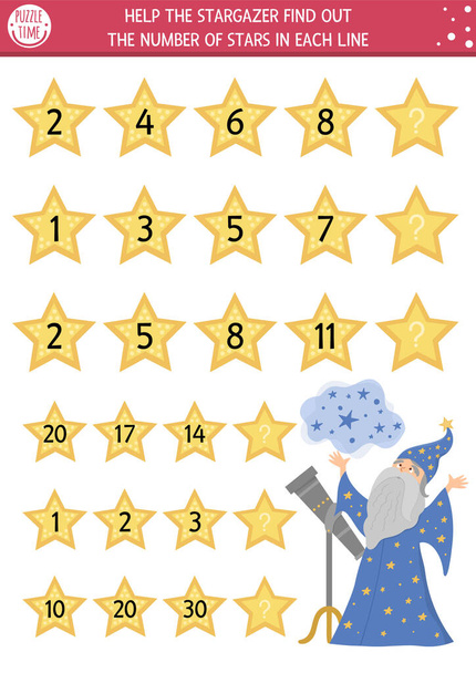 Ajude a stargazer a descobrir o número de estrelas. Continue o jogo de linha com numerais e personagem de conto de fadas bonito. Atividade matemática lógica do reino mágico para criança pré-escolar - Vetor, Imagem