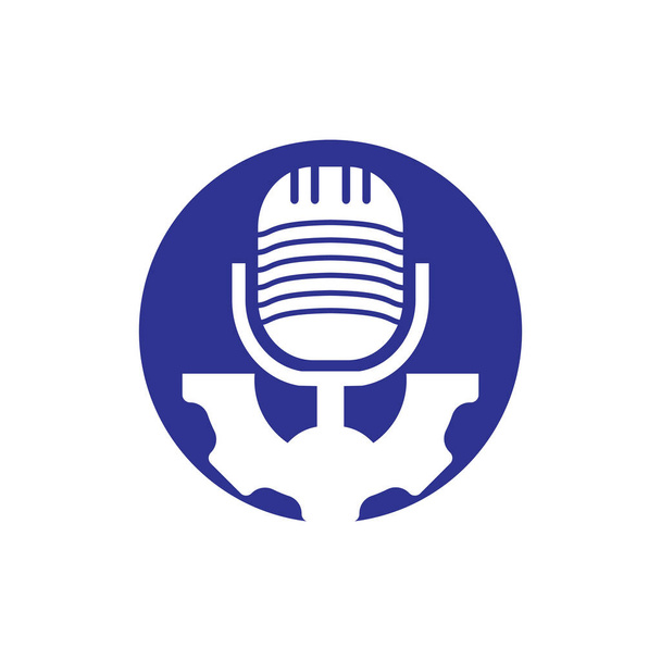 Gear podcast vektor logó tervezési sablon. Kog kerék és mikrofon ikon kialakítása. - Vektor, kép