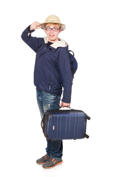 Funny man with luggage wearing safari hat - Фото, изображение