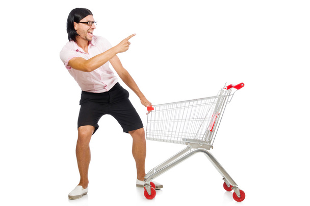 Hombre de compras con carrito cesta de supermercado aislado en blanco - Foto, imagen