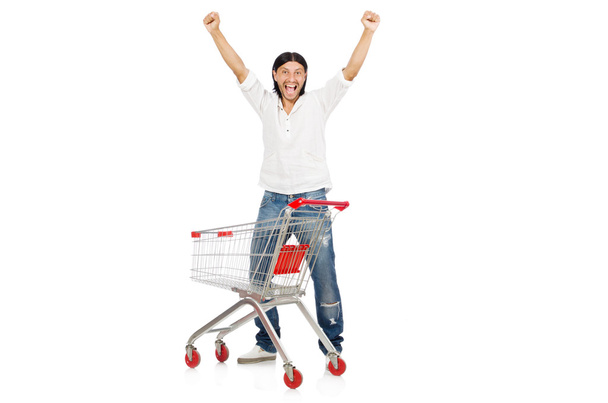 Homem de compras com carrinho de cesta de supermercado isolado em branco - Foto, Imagem