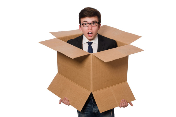 Забавна людина з коробками ізольовані на білому
 - Фото, зображення