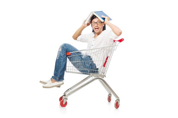 Man ψώνια με καλάθι σούπερ μάρκετ καλάθι απομονώνονται σε λευκό - Φωτογραφία, εικόνα