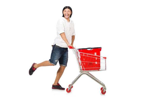 Uomo shopping con carrello supermercato isolato su bianco - Foto, immagini