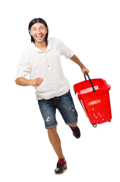 白に隔離されたスーパーマーケットバスケットカートを持つ男のショッピング - 写真・画像