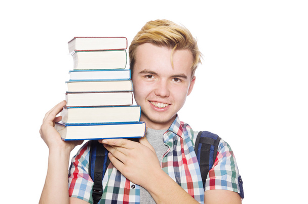Estudiante divertido con pila de libros - Foto, Imagen