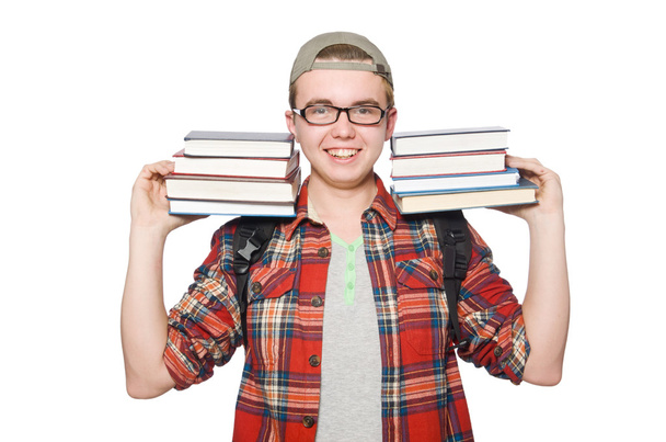 Vicces diák egy halom könyvvel. - Fotó, kép
