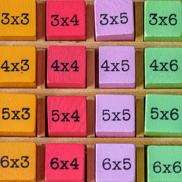 tabela de multiplicação de madeira colorida, conceito brinquedo educativo para crianças - Foto, Imagem