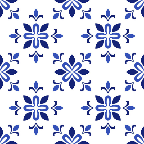 Azulejos portuguese traditional ornamental tile, blue and white seamless pattern - ベクター画像