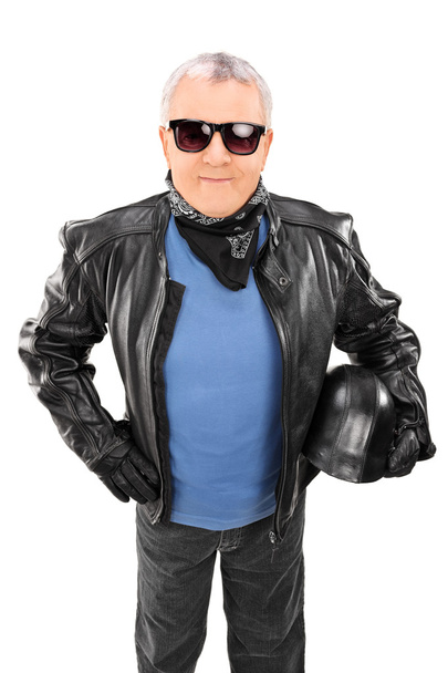 Cool senior in leather jacket - Fotoğraf, Görsel