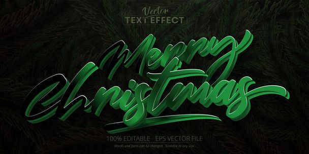 Merry christmas text, calligraphic style editable text effect on pine tree leaves background - Vector, Image