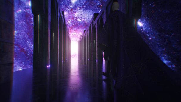 Un hombre vestido de tela caminando por un pasillo de ciencia ficción espacial con iluminación de neón. Deja que el planeta Tierra. Fantástico concepto del futuro. El concepto de cognición humana del espacio. animación 3d - Foto, imagen