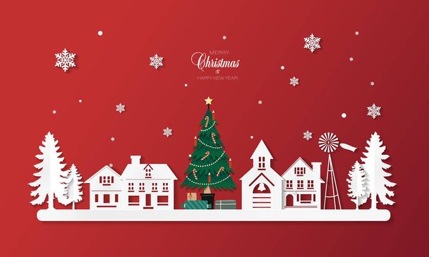 Christmas tree with gifts in a winter town in paper cut style - Vector, Image