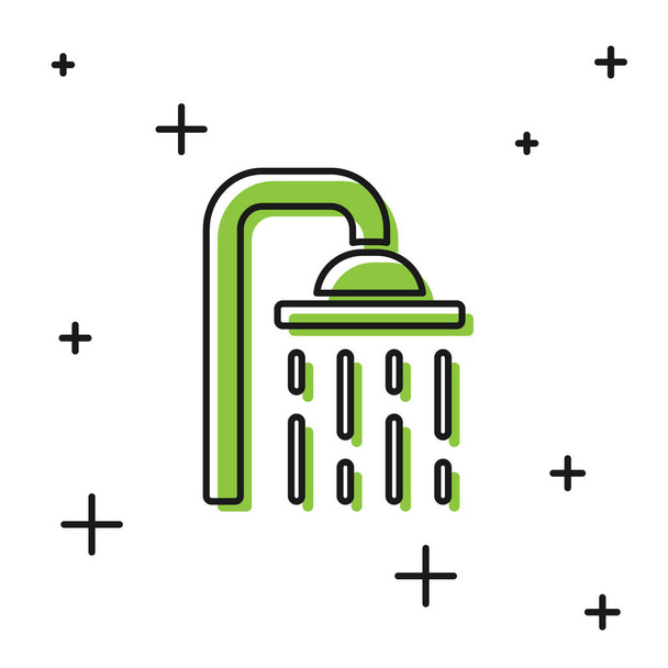 Fekete zuhany fej vízcseppek áramló ikon elszigetelt fehér háttér. Vektor - Vektor, kép