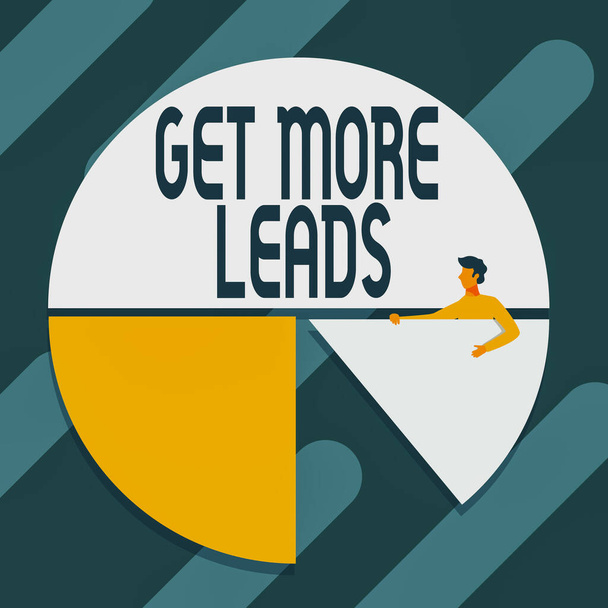 Znak pisma ręcznego Get More Leads. Internet Concept inicjowanie zainteresowania konsumentów lub zapytania produkty lub usługi Man Drawing Holding Pie Chart Piece Showing Graph Design. - Zdjęcie, obraz