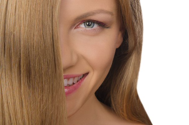 portrait of smiling young woman with straight hair - Foto, Imagen