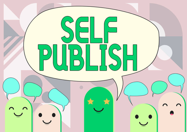 Концептуальный дисплей Self Publish. Концепция означает, что автор публикует произведение самостоятельно за свой счет. Карикатурные головы рисуют с помощью пузыря речи.. - Фото, изображение