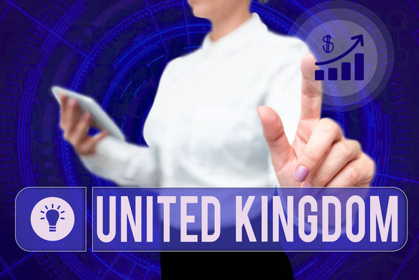 Handwriting text United Kingdom. Concept meaning Island country located off the northwestern coast of Europe Lady In Uniform Standing Hold Phone Virtual Press Button Futuristic Tech. - Photo, Image