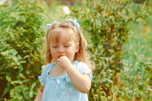 Menina comendo groselhas no jardim de verão - Foto, Imagem