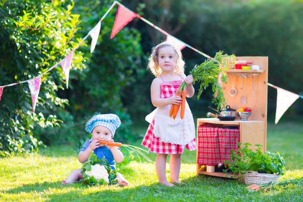 kleine kinderen spelen met speelgoed keuken in de tuin - Foto, afbeelding