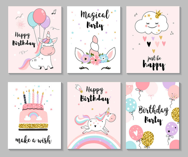 Happy birthday greeting card and nursery posters with cute unicorns. Vector illustration, hand drawn style. - Wektor, obraz