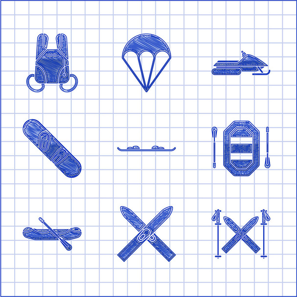 Állítsa Snowboard, Sí és botok, Rafting hajó, Snowmobile és ejtőernyős ikon. Vektor - Vektor, kép