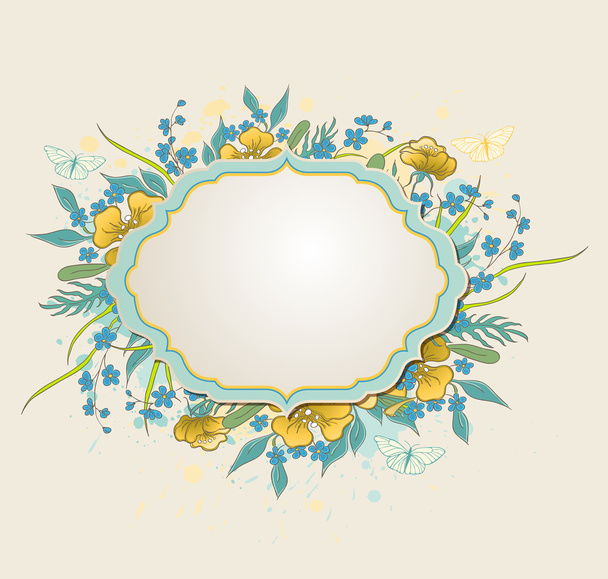 Label with yellow flowers and butterflies - Vector, afbeelding