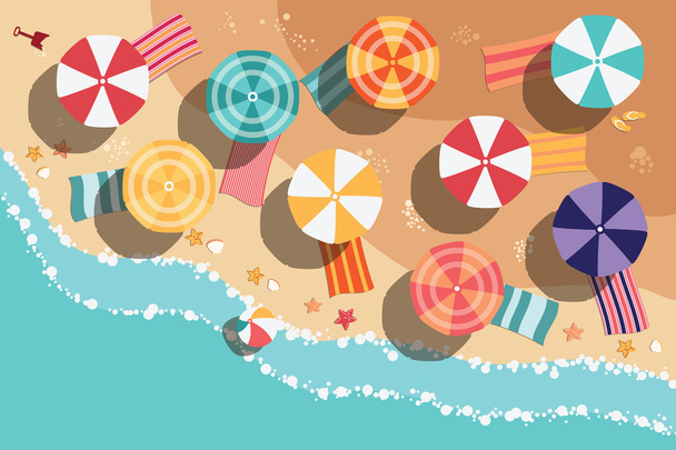 Praia de verão em design plano, vista aérea, lado do mar e guarda-chuvas, ilustração vetorial
 - Vetor, Imagem