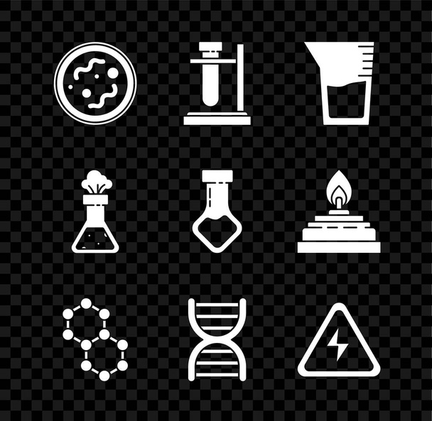Set Bacterias, Frasco de tubo de ensayo en soporte, cristalería de laboratorio o vaso de precipitados, molécula, símbolo de ADN, señal de alto voltaje, sustancia química e icono. Vector - Vector, Imagen