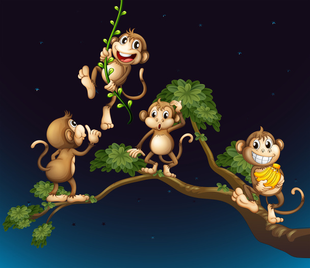 A tree with four playful monkeys - Vector, Image
