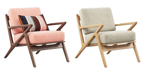 Keskivuosisadan vaaleanpunainen ja beige kangas verhoilu kovera nojatuoli aksentti tyyny. Puinen tuoli valkoisella pohjalla. Vuosisadan puolivälissä, moderni, skandinaavinen sisustus. 3d renderointi - Valokuva, kuva