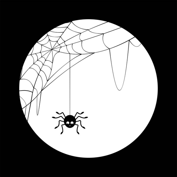Halloween spider hanging on a string of cobwebs above full moon. - Vektor, kép