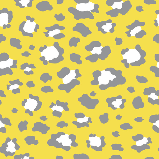 Η λεοπάρδαλη είναι στη μόδα. Απρόσκοπτη μοτίβο με κηλίδες άγριων ζώων για μοντέρνα υφάσματα, υφάσματα, διακοσμητικά μαξιλάρια, κλινοσκεπάσματα. Κίτρινο και γκρι χρώματα 2021.  - Φωτογραφία, εικόνα