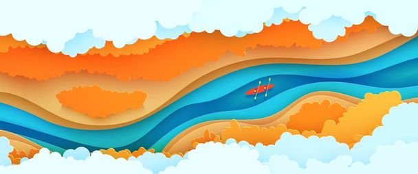 Top view cloudy landscape in paper cut style. Eco tourism 3d background with aerial view river autumn trees and kayak boat. Vector card illustration of extreme rafting sport papercut art. - Vector, Image