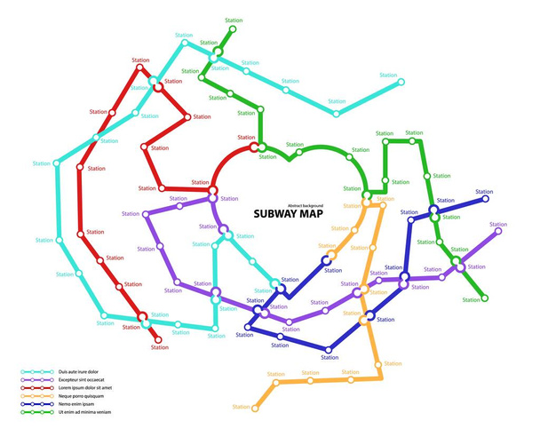U-Bahn-Karte. Vorlage für ein fiktives Stadtverkehrskonzept für eine unterirdische Übergangsstraße. U-Bahn oder Bus abstrakte Verkehrsmuster mit kreisförmigen herzförmigen farbigen Routen. Vektorkartenillustration - Vektor, Bild