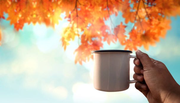 Genieten van koffie in de herfst en herfst seizoen. Hand opgeheven een Hot Coffee Cup in de lucht op zonnige dag. POV neergeschoten. Focus op Cup. wazig esdoorn boom als achtergrond - Foto, afbeelding