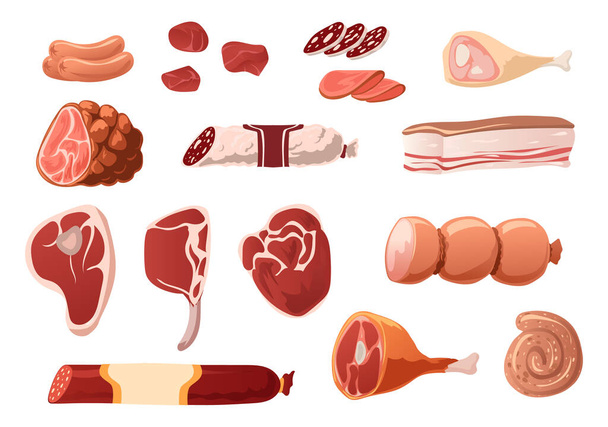Cartoon meat products. Butchery assortment. Chicken gammon. Pork or beef steaks. Chops for barbecue. Sausage slices. Bacon and salami pieces. Vector cooking grocery ingredients set - Vector, Image