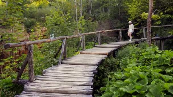 Vonzó turista sétál át egy fa hídon - Felvétel, videó