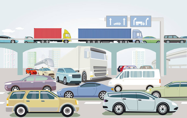 Atasco de tráfico en la intersección de carreteras ilustración - Vector, imagen