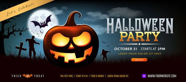 Halloween party szellem sütőtök üdvözlő kártya banner design holdfényes éjszaka denevér, zombik háttér, Eps 10 vektor illusztráció - Vektor, kép