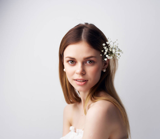 cheerful woman attractive look flowers in hair modern style - Photo, Image