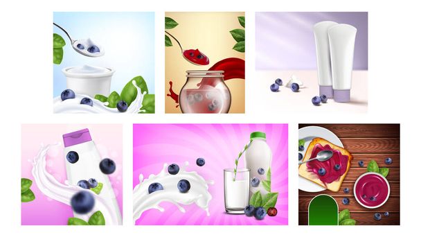 Προωθητικές αφίσες προϊόντων Blueberry Set Vector - Διάνυσμα, εικόνα