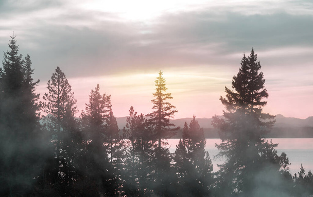 Misty lago de montanha no início da manhã serena em montanhas. - Foto, Imagem
