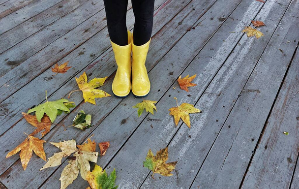Sárga gumi cipő a pocsolyában eső után. Lehulló levelek. Őszi szezon koncepció. - Fotó, kép