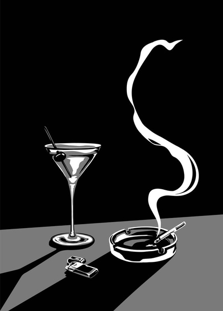 Copo de martini, cinzeiro com cigarro fumante e isqueiro jazem sobre a mesa, ilustração vetorial na cor preto e branco - Vetor, Imagem